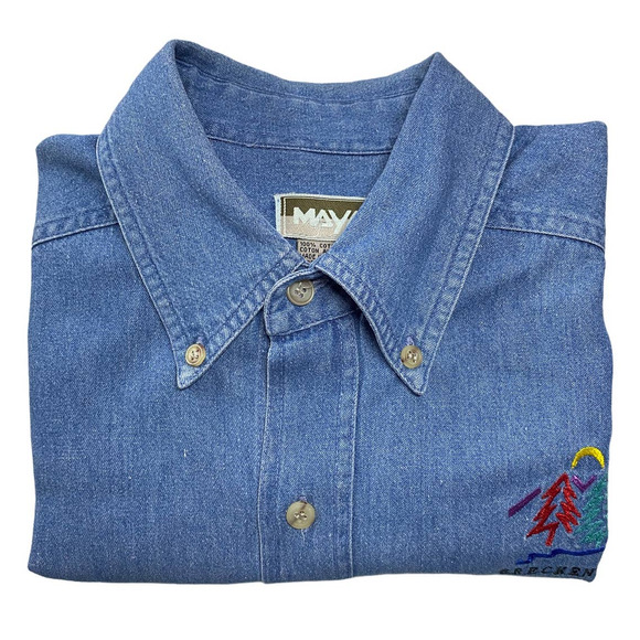 MAYA Mens Small Denim Long Sleeve Button Front Shirt Embroidered Breckenridge - Picture 8 of 8